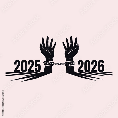 Black silhouette of hands chained together between the years 2025 and 2026 on a pale pink background