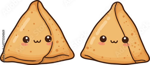 Cute samosa cartoon, smiling snack characters, Indian food illustration, kawaii style, kids menu design, cultural cuisine, happy samosas, adorable faces