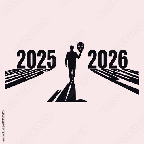 Silhouette of man holding cracked mask between 2025 and 2026 numbers year new year