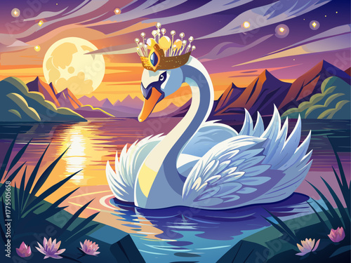 A graceful swan wearing a diamond tiara floats on a calm lake under sunset light, symbolizing beauty, poise, and royal serenity, detailed vector art