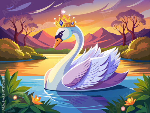 A graceful swan wearing a diamond tiara floats on a calm lake under sunset light, symbolizing beauty, poise, and royal serenity, detailed vector art