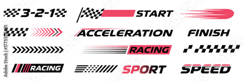 Sport Racing Stripe and Car Design Vector Set – Checkered flag, finish line, and dynamic speed graphics for motorsport, motocross, and automotive decal projects.