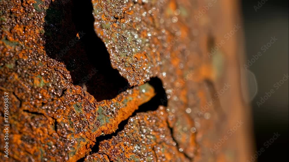 Macro footage showing cracked and rusty metal surface with shimmering details, a natural aged texture background for abstract design.