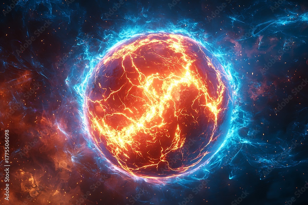 Obraz premium Glowing red orb surrounded by blue energy high resolution picture