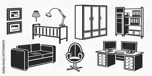 Furnished room set with sofa, wardrobe, desk, and chair, create a complete interior design concept, scalable vector