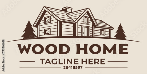 Rustic wood home logo design with evergreen trees, cabin illustration for real estate branding and outdoor lifestyle