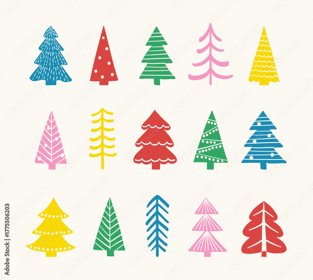 Obraz premium Cartoon Christmas tree icon collection. Abstract ornaments design. Vector illustration
