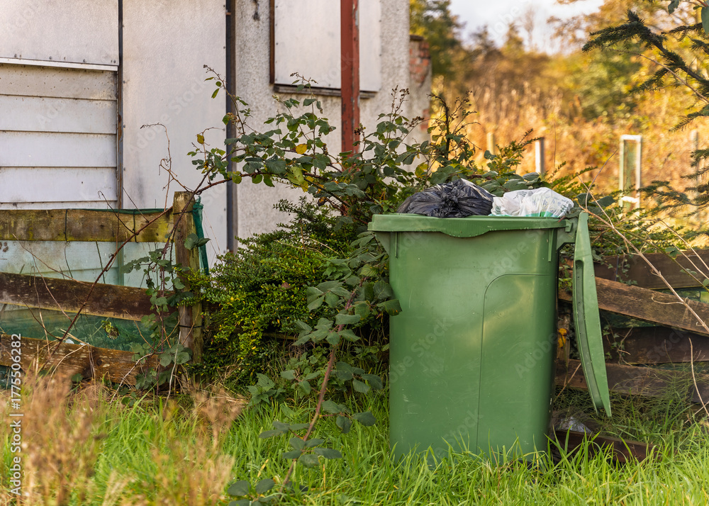 Naklejka premium Green wheelie bin with open lid and overflowing rubbish bags stands in overgrown garden beside old wooden fence and building wall.
