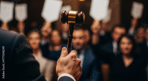 Auction Hammer Intense Bidding in Crowded Room with High Stakes.