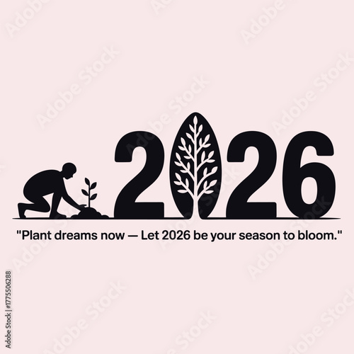 Silhouette of person planting seedling next to the year 2026 with tree graphic new year growth