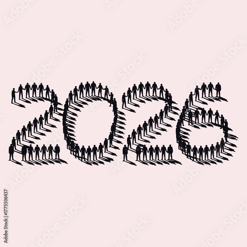 Silhouette figures forming the year 2026 with long shadows on a pale pink background new year future