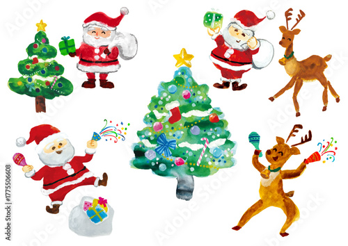 サンタクロースとトナカイとクリスマスツリーの水彩イラスト素材セット