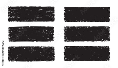 Set of Six Grunge Rough Texture. Black Paint Brush Strokes and Distressed Stamp Frames. 