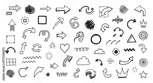Line shape marker underline, arrow, heart brush element set. Hand drawn sketch marker underline shape, arrow, heart scribble brush pen stroke element. Crown, love graphic icon. Vector illustration