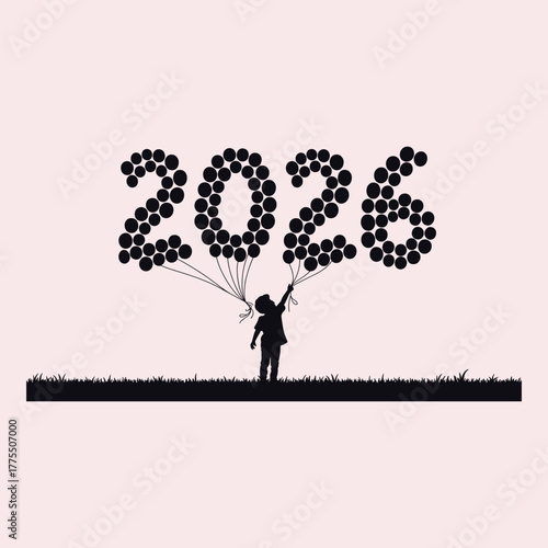 Silhouette of child holding balloons forming the year 2026 over grass new year celebration