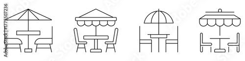 Set of line icon of terrace table with umbrella. Terrace cafe line icon vintage logo symbol collection. Outside cafe vintage icon sign. Vector illustrator.