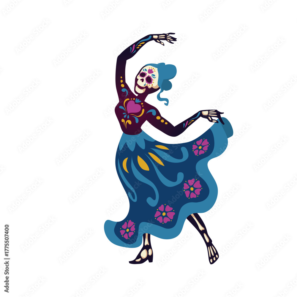 Obraz premium Day of the dead, Dia de los muertos characters dancing Catrina or mariachi musician skeletons and sugar skulls decorated with Mexican elements. Halloween holiday party, Cartoon vector illustration