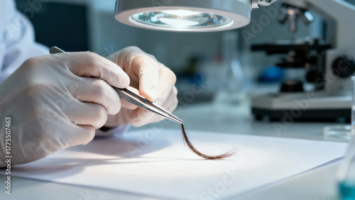 Gloved hands with tweezers examining a hair sample under a magnifying lamp in a forensic laboratory for scientific investigation and DNA analysis.