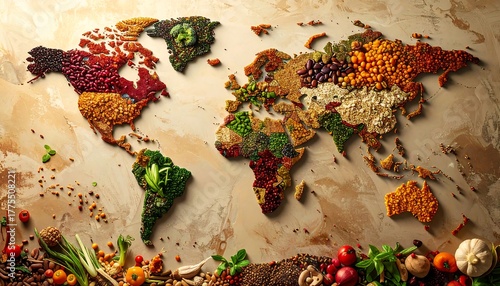 World map creatively depicted with colorful food items on textured surface