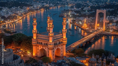 Stunning Night View of Charminar and River in Hyderabad, India