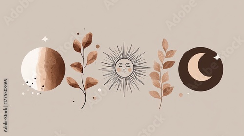Sun Moon and Stars with Leaves in Soft Earth Tones and Minimalist Style