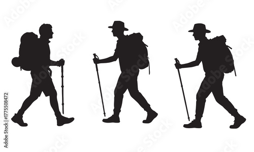 Three hikers with backpacks and trekking poles silhouette
