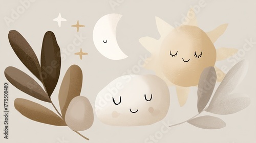 Cute Sun Moon and Cloud with Leaves in Soft Earthy Tones