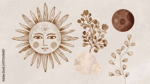 Artistic Illustration of Sun, Moon, and Floral Elements in Earth Tones