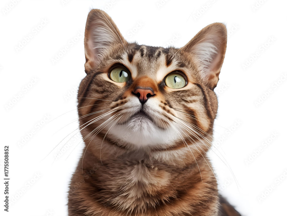 Obraz premium A close-up portrait of a cute striped domestic cat looking up, isolated on white background, symbolizing curiosity and pet charm