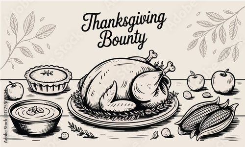 Thanksgiving Bounty Hand Drawn Illustration | Holiday Feast with Turkey, Corn, Apple Pie and Apples for Cards and Menu Designs
