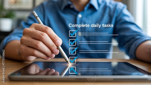 Using digital tablet to check off daily tasks and improve productivity
