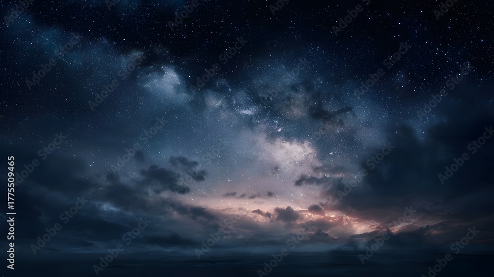 Fototapeta premium Vast night sky filled with stars and luminous cosmic clouds illuminated by twilight hues