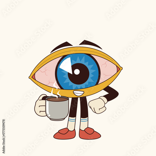 Cartoon Style Detailed Eye Character Holding a Cup of Coffee Illustration