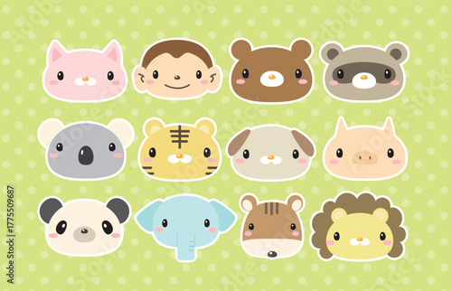 Cute cartoon animal faces including a cat, monkey, bear, raccoon, koala, tiger, dog, pig, panda, elephant, chipmunk, and lion on a dotted background.
