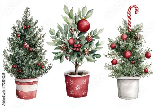 Festive Potted Christmas Trees with Red Ornaments and Decor
