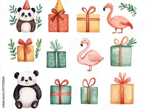 Cute Panda and Flamingo with Colorful Gifts for Party Celebrations