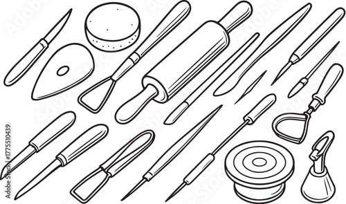 pottery-making tools black and white vector illustration, top-down eps