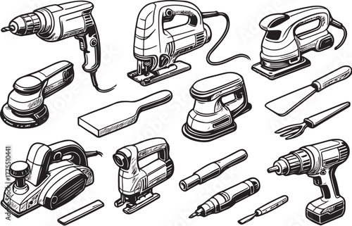power tools black and white vector illustration, angled perspective, SVG ready eps