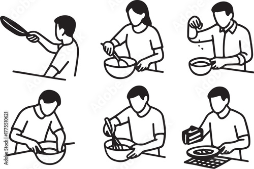 Ten cooking actions black and white vector illustration, oblique kitchen view, SVG ready eps