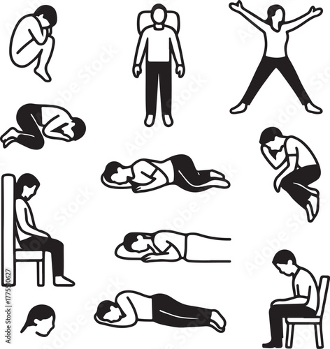 Ten sleeping poses black and white vector illustration, minimal human silhouettes, SVG ready eps