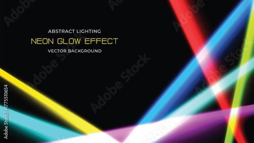 Dynamic, colorful, luminous rays illuminate a dark scene. Abstract neon glow effect vector background. Perfect for presentations and digital art.