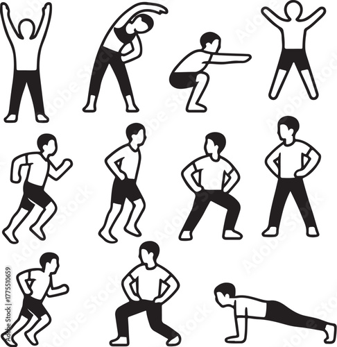 Ten morning exercise movements, black and white vector illustration, SVG ready.eps