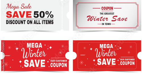 Mega sale winter discount coupon tickets with red background