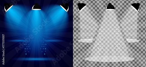 Spotlight background dual view design set dark blue & white stage lights with transparent checkerboard background beams and sparkles stars versatile overlays, vector illustration.