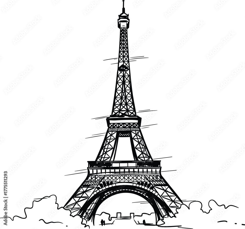 Fototapeta premium Eiffel Tower line art vector—Paris landmark with trees and people, black architectural sketch for travel and cultural themes