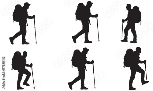 Collection of hiker silhouettes with backpacks and poles silhouette
