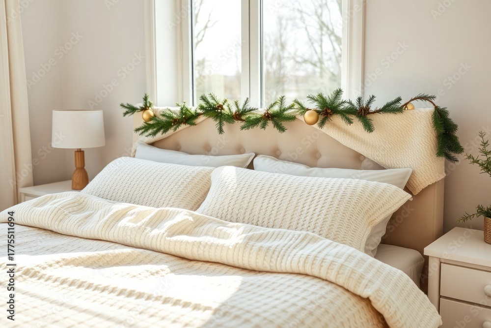 Fototapeta premium Festive bedroom decor brightens winter holidays