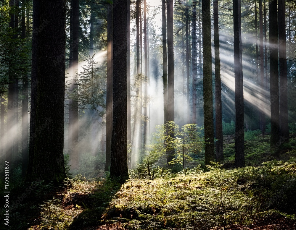 Fototapeta premium dramatic light beams filter through trees in serene forest creating mystical atmosphere smoke gently swirls enhancing tranquil yet captivating scene