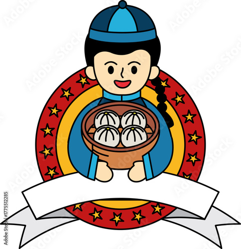 logotype of a boy character holding a bowl of dumplings