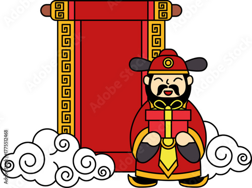 logotype of a God of wealth holding gift with badge